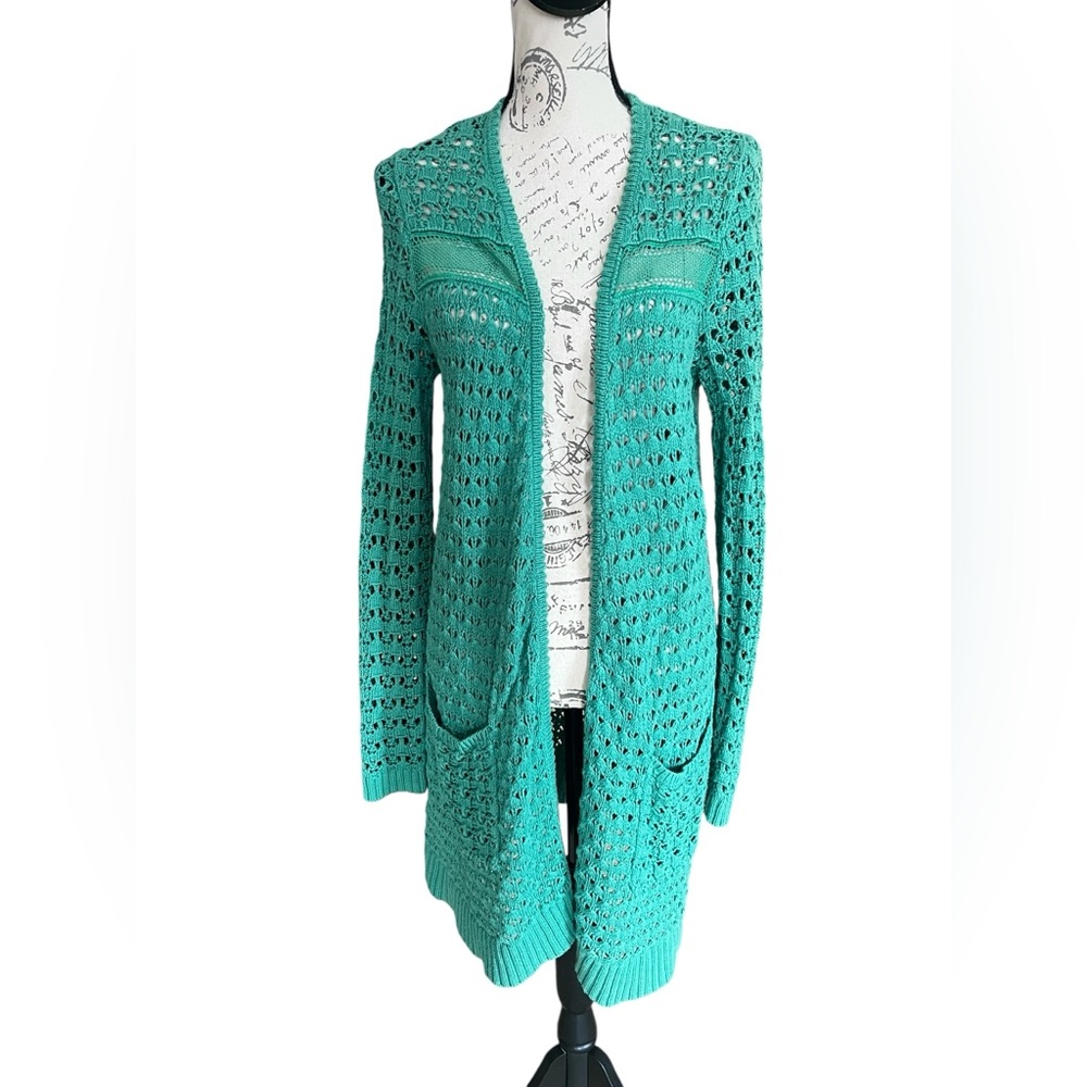 Anthropologie Far Away From Close Green Crochet long line Cardigan Medium